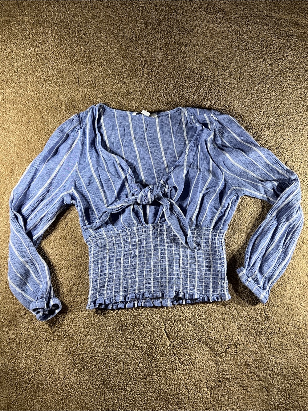 Striped Blue Tie-Front Smocked Waist Blouse